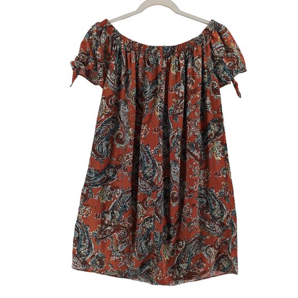 Soprano Off Shoulder Tunic Dress Small Rust Paisley Bohemian Mini Tie Sleeve Fun - Picture 3 of 10